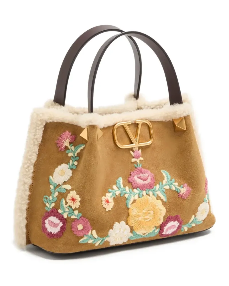 Valentino Garavani Kleiner Wildleder-Tote Bag mit Blumenstickerei - Nude Nude