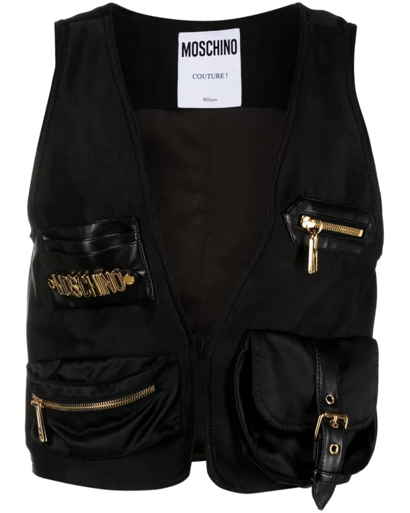 Moschino Weste aus Satin mit Logo-Schild - Schwarz Schwarz