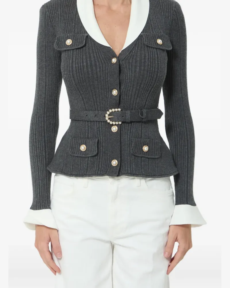 Self-Portrait belted ribbed-knit cardigan - Grau Grau