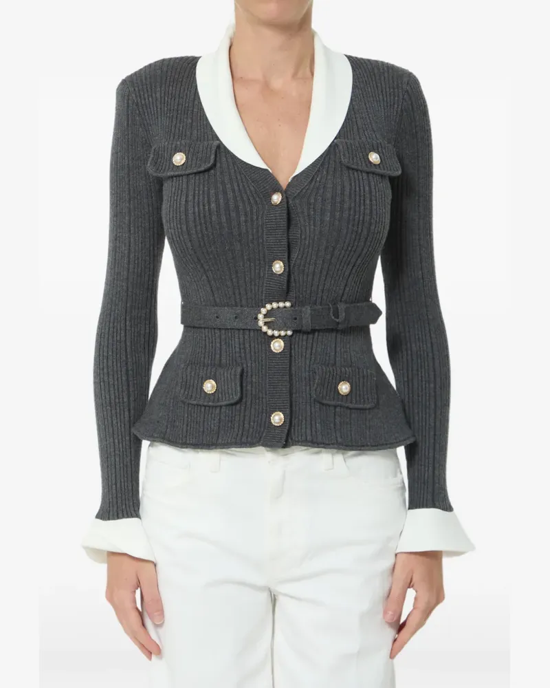 Self-Portrait belted ribbed-knit cardigan - Grau Grau
