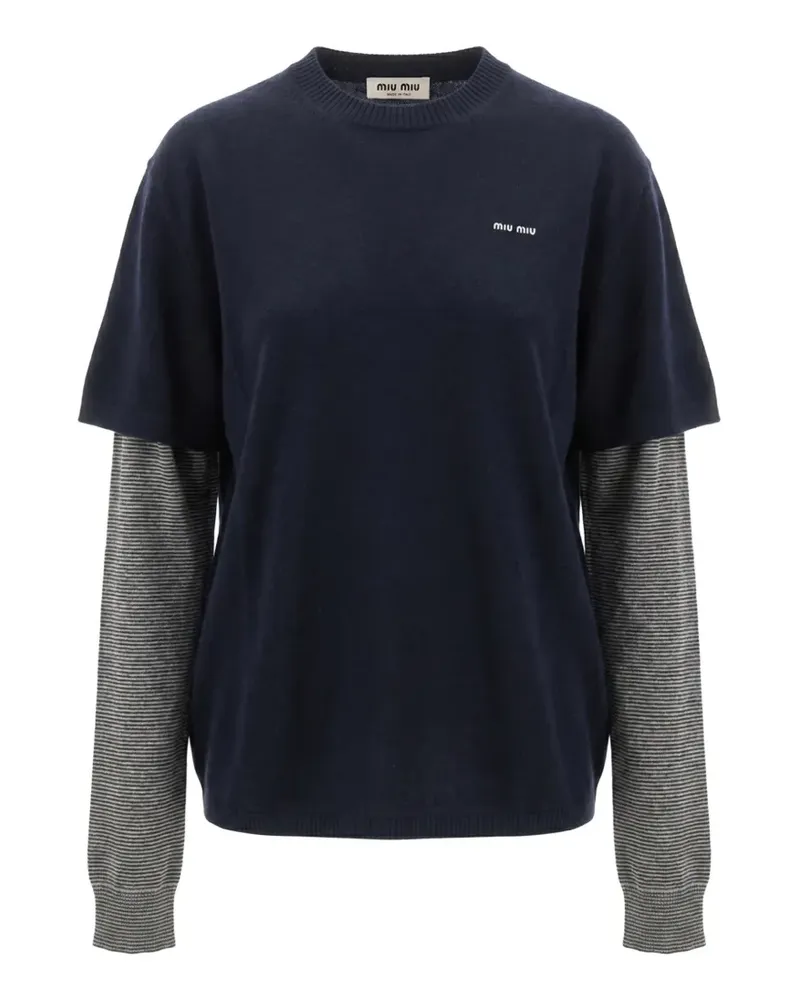 Miu Miu layered-sleeve logo-embroidered sweater - Blau Blau
