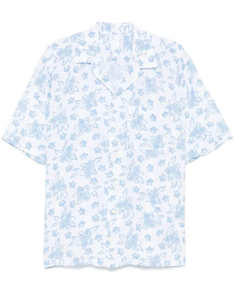 120% Lino Hemd mit Blumen-Print - Blau Blau