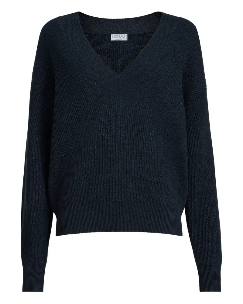 Brunello Cucinelli sparkling-detail ribbed V-neck sweater - Blau Blau
