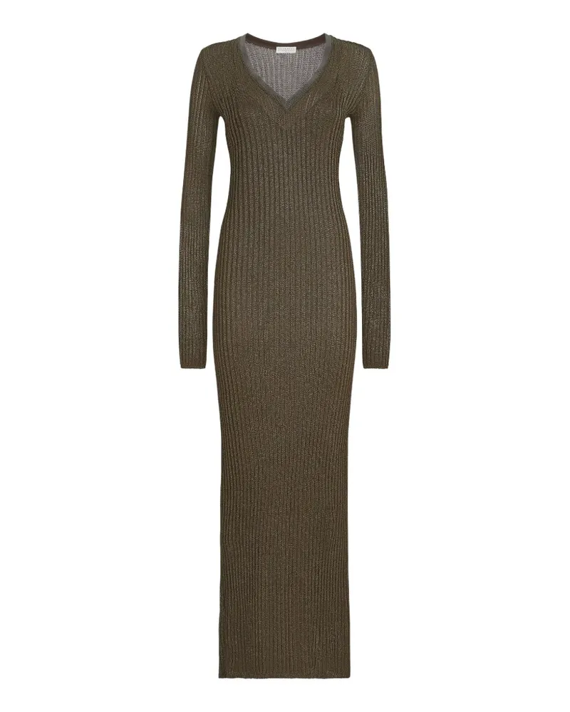 Brunello Cucinelli Funkelndes geripptes Strickkleid mit edlem Kragen - Braun Braun
