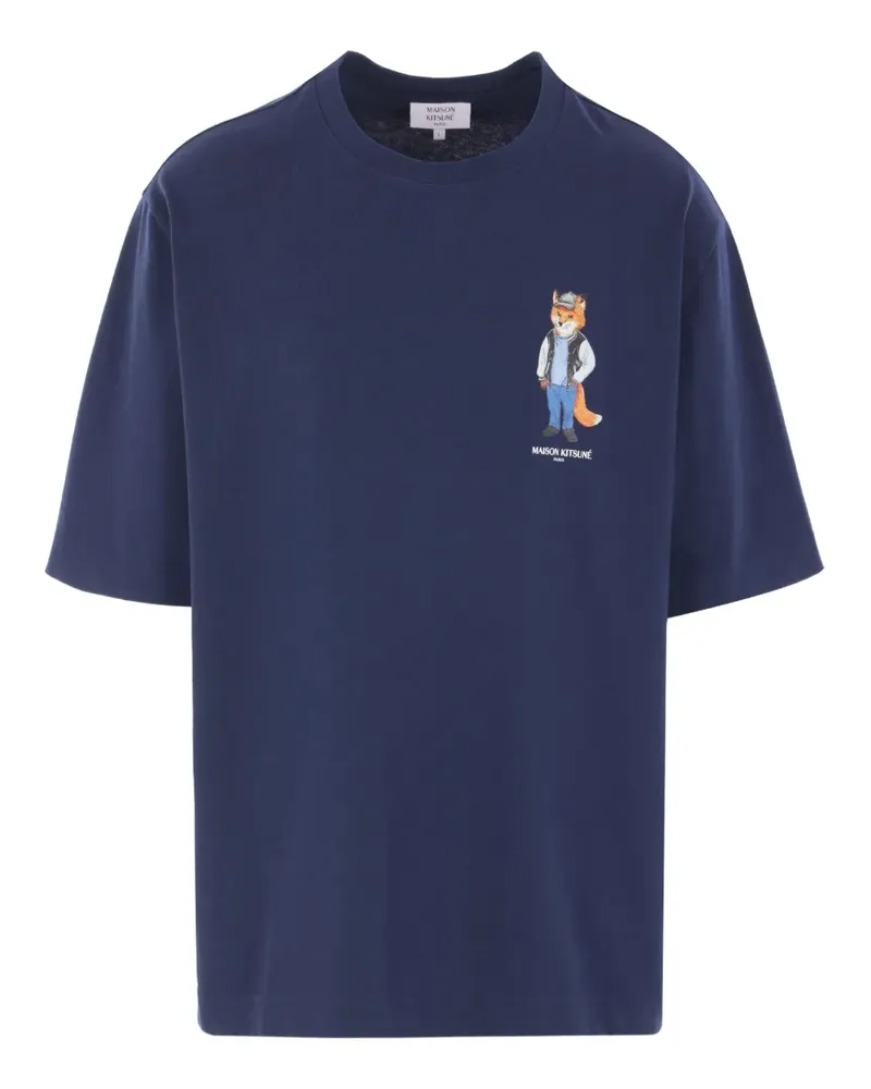 Kitsuné T-Shirt mit aufgesticktem Fuchs - Blau Blau