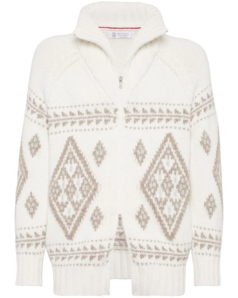 Brunello Cucinelli Intarsien-Cardigan aus Kaschmir Weiß