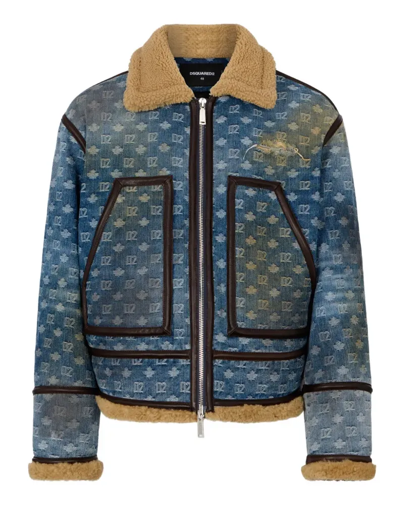 Dsquared2 D2 Monogram Shearling-Jacke im Kaban-Stil mit Dirty-Wash-Effekt - Blau Blau