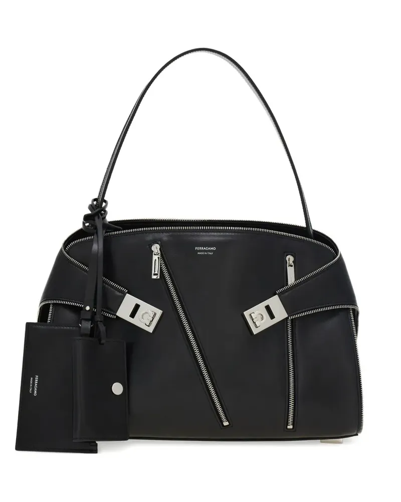 Ferragamo Mittelgroße Hug Soft Schultertasche mit Reißverschluss - Schwarz Schwarz