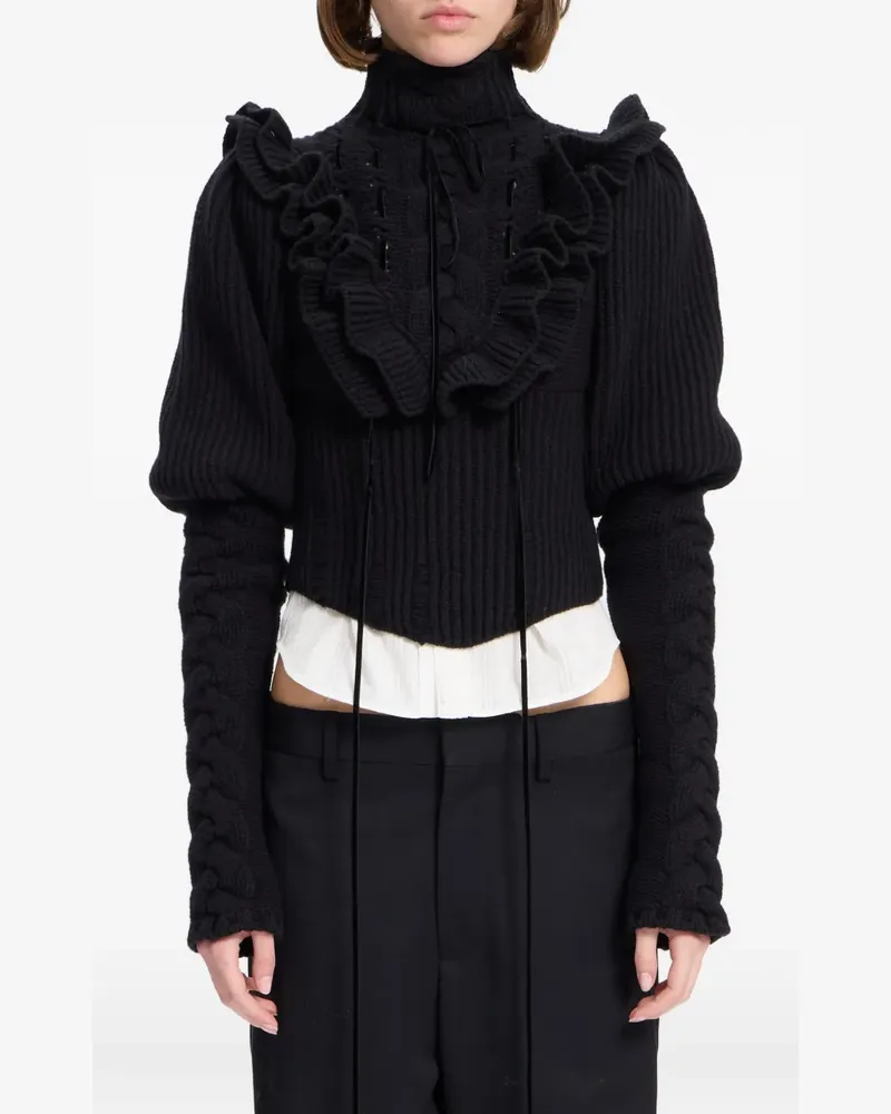Ann Demeulemeester Pullover mit Zopfmuster und Rüschendetail - Schwarz Schwarz