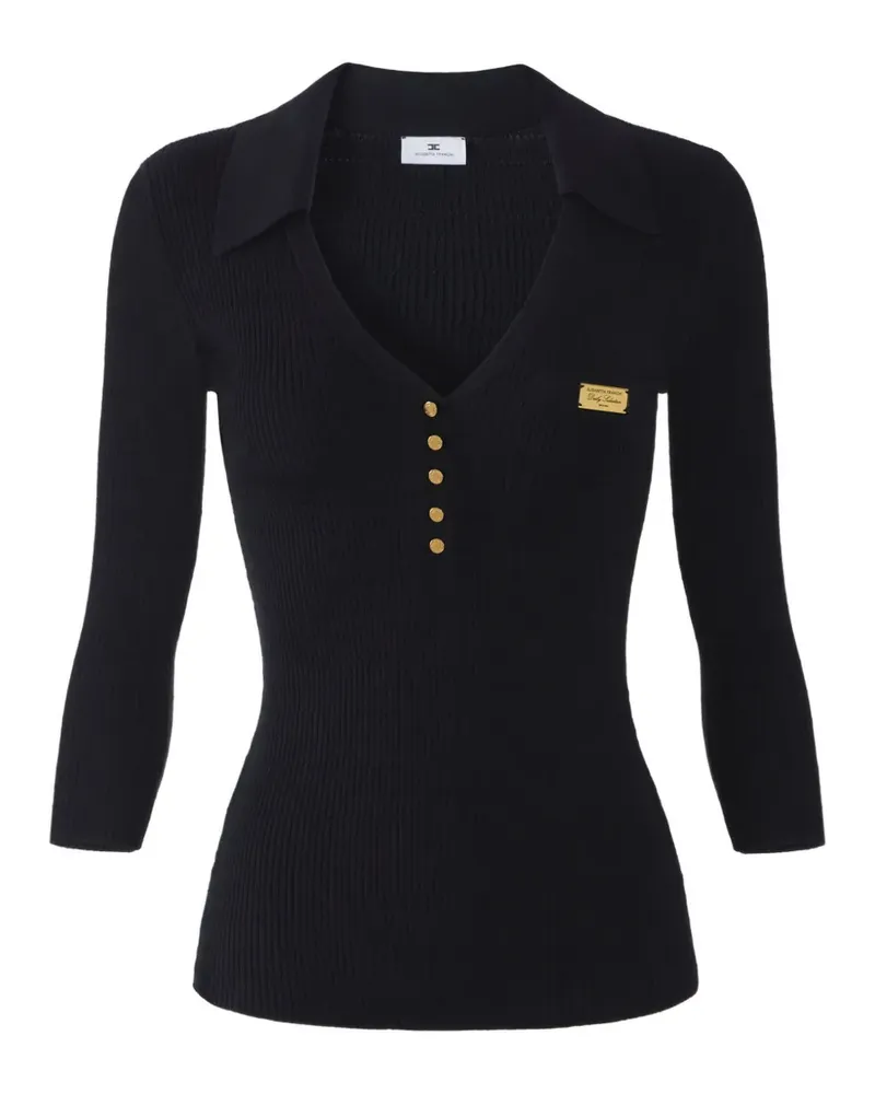 Elisabetta Franchi Geripptes Poloshirt mit Mikro-Flechtdetail - Schwarz Schwarz