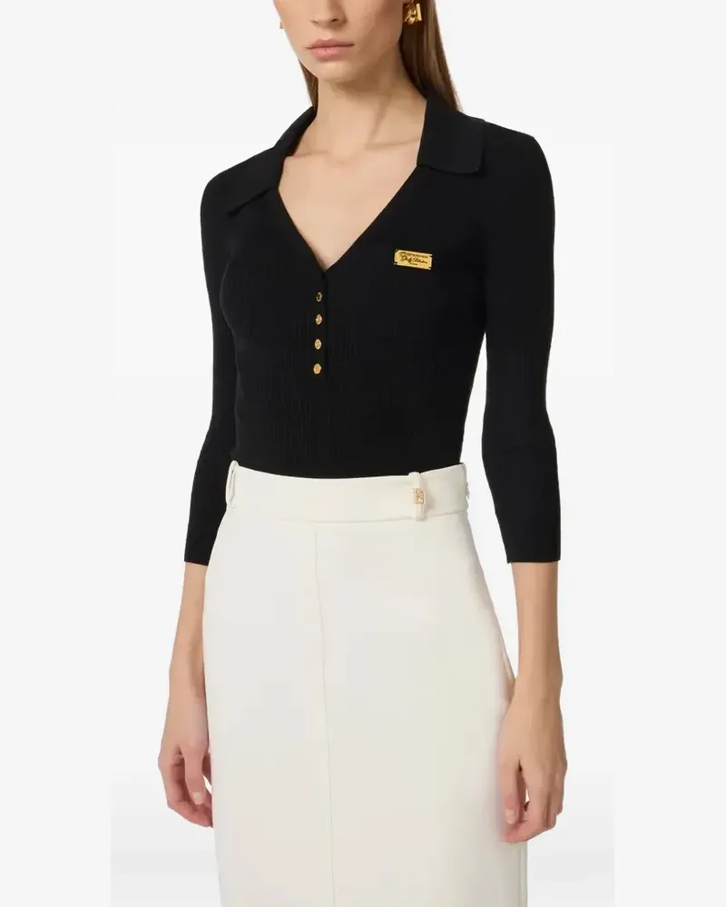 Elisabetta Franchi micro‑braided ribbed‑knit polo top - Schwarz Schwarz