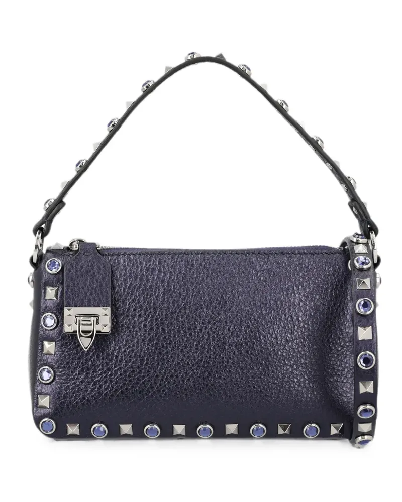 Valentino Garavani Kleine Rockstud Schultertasche aus laminiertem Kalbsleder mit Cabochon - Blau Blau