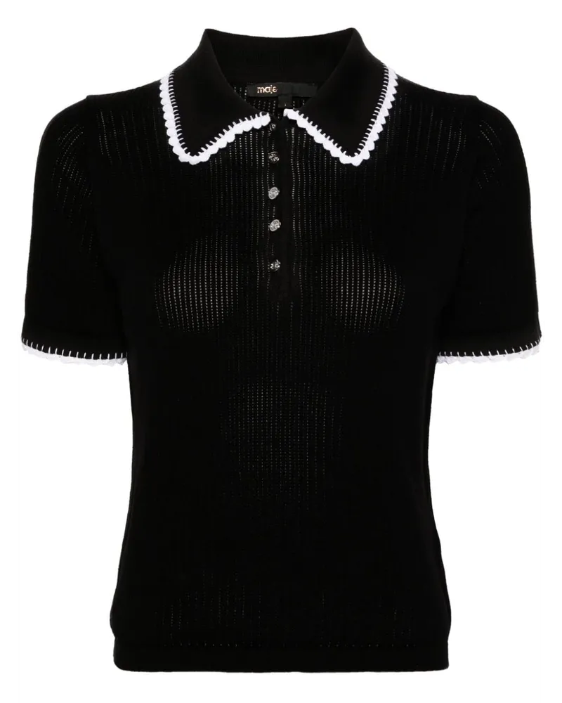 Maje Gestricktes Poloshirt mit Häkelbesatz - Schwarz Schwarz