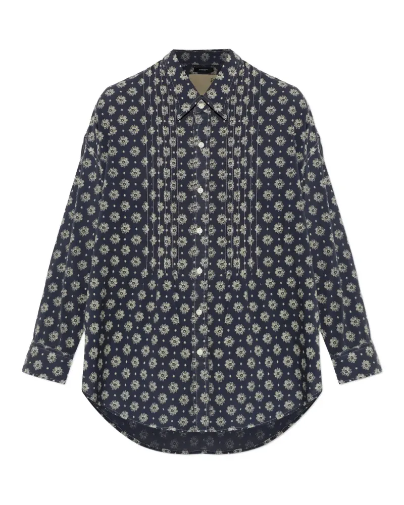 R13 pintuck-details drop-neck floral-print cotton shirt - Blau Blau