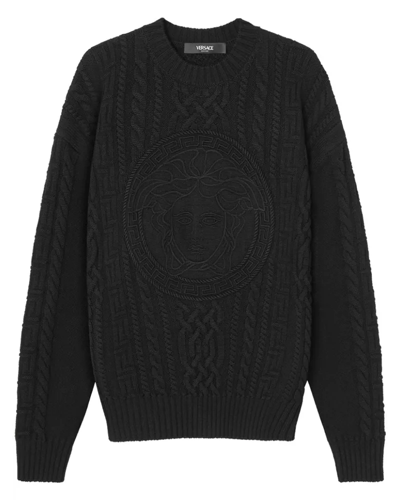 Versace Medusa Head Pullover mit Zopfmuster Schwarz