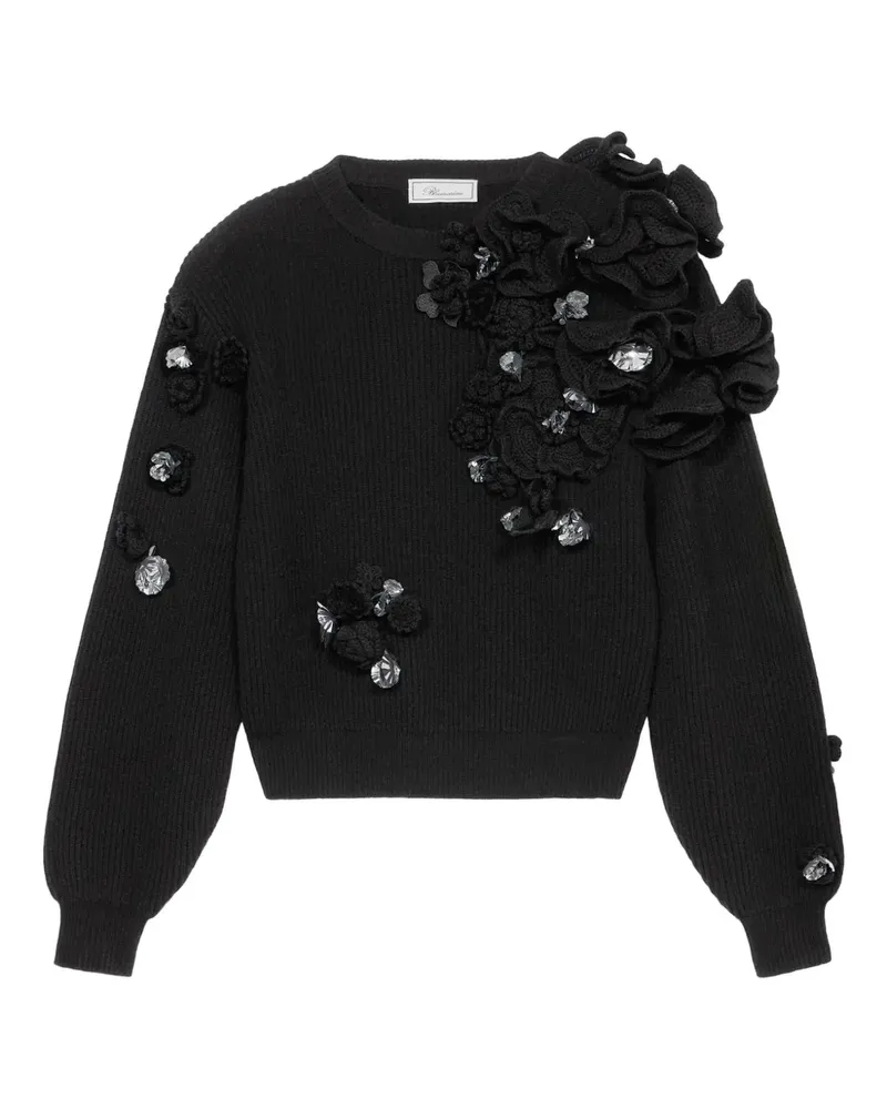 Blumarine Gerippter Pullover mit Blumendetail - Schwarz Schwarz