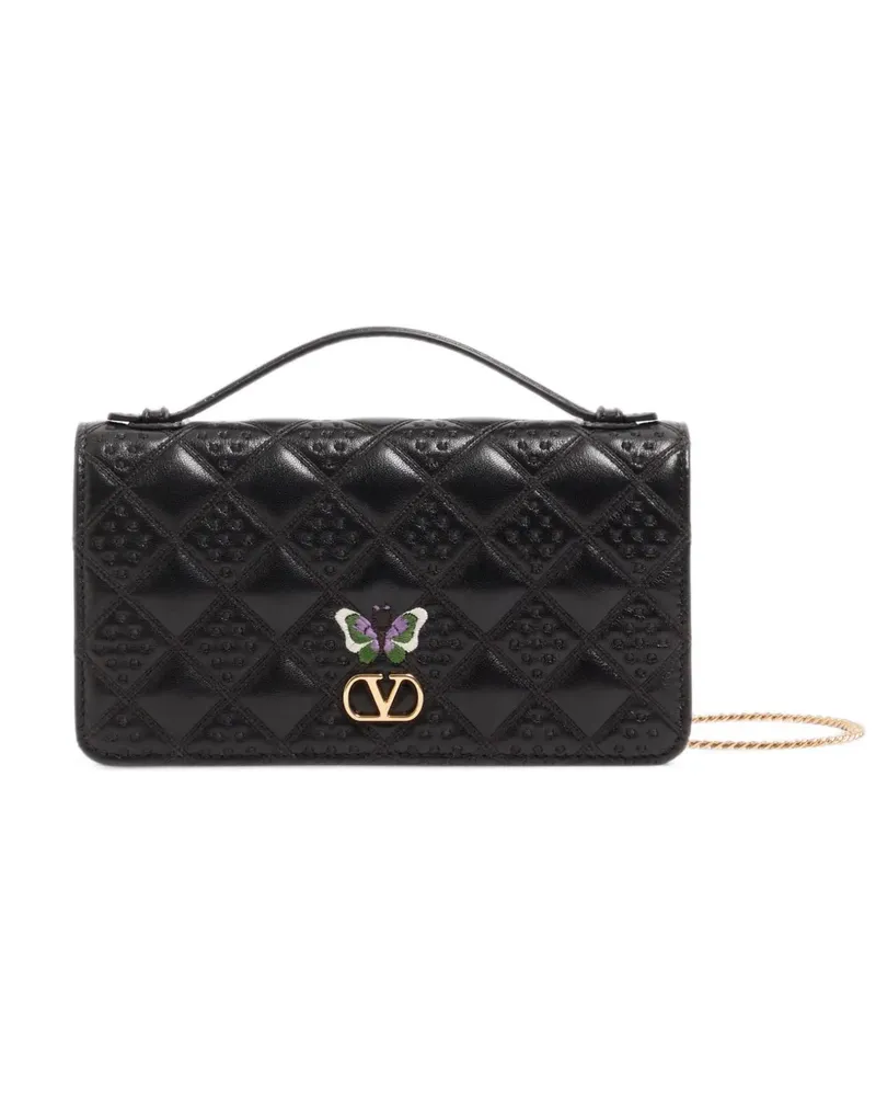 Valentino Garavani Flutterby Clutch aus glänzendem Nappaleder mit Schmetterlingsstickerei - Schwarz Schwarz
