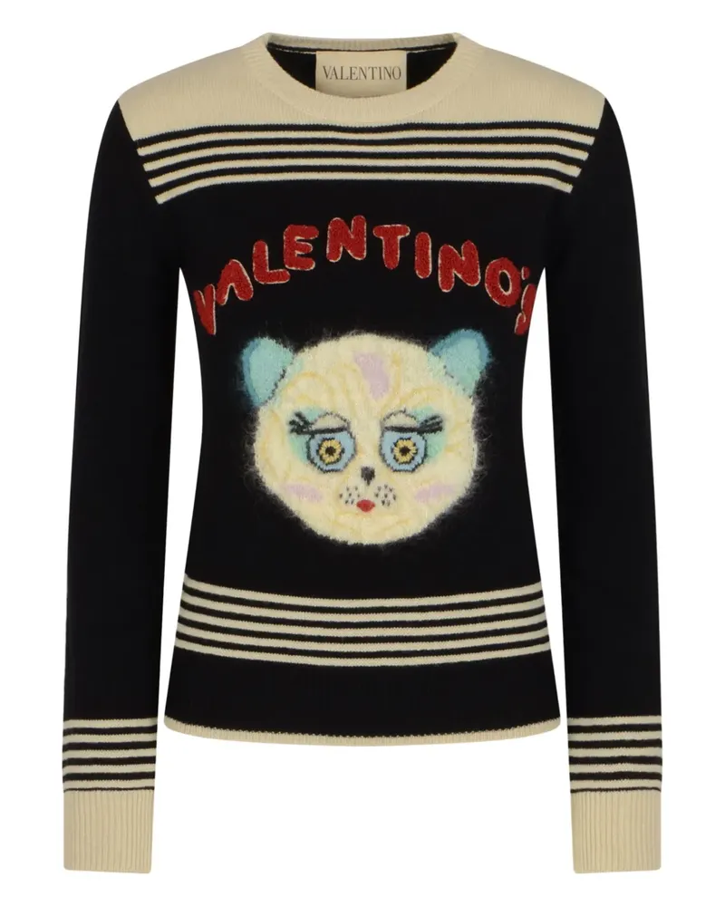Valentino Garavani Gestreifter Pullover mit Katzenstickerei - Schwarz Schwarz
