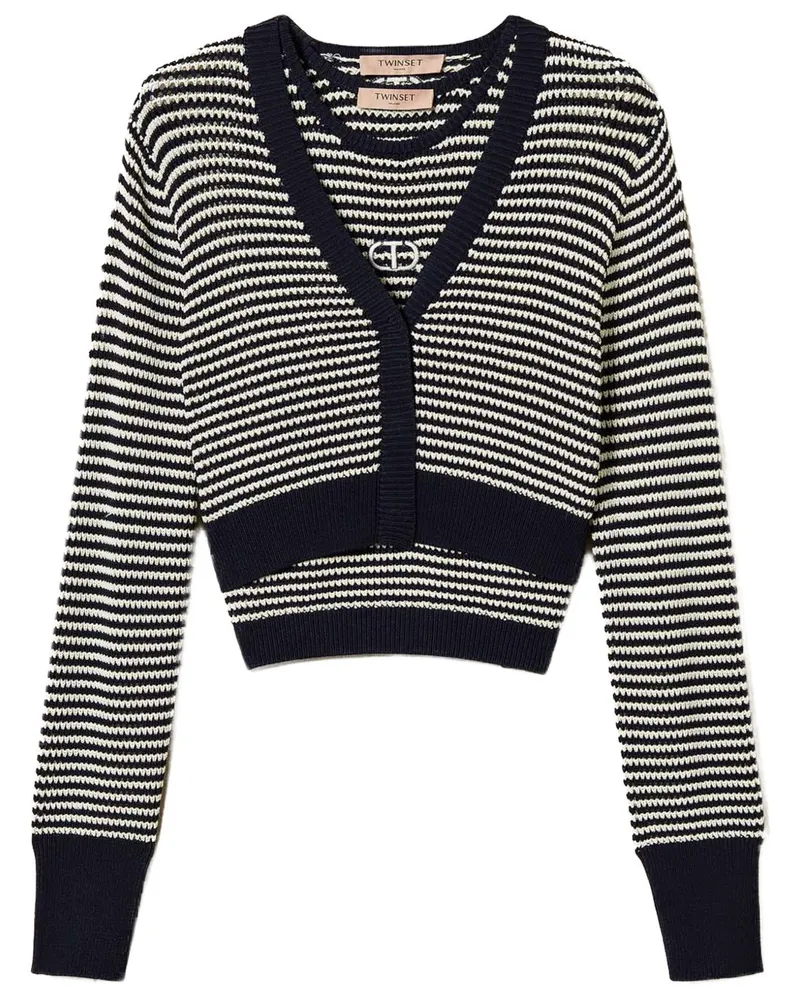 Twin-Set Gestreifter Oval T Cardigan - Blau Blau