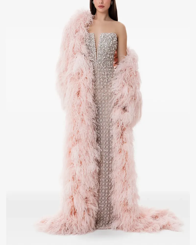 Dina Melwani Cape-Maxikleid-Set mit Kristallfedern - Rosa Rosa