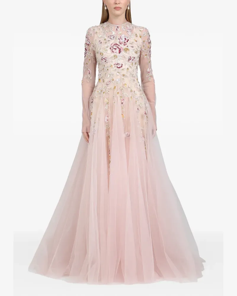Dina Melwani leaf-embroidered gown maxi dress - Rosa Rosa