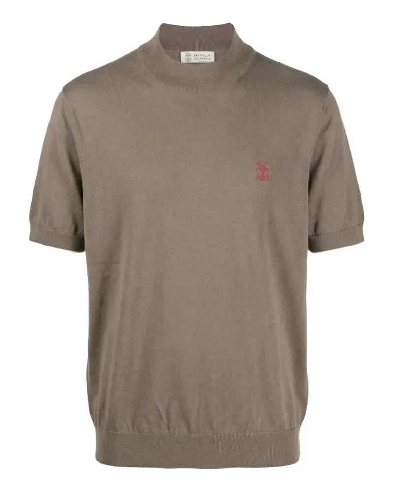 Brunello Cucinelli embroidered-logo short-sleeve mock-neck cotton T-shirt - Nude Nude