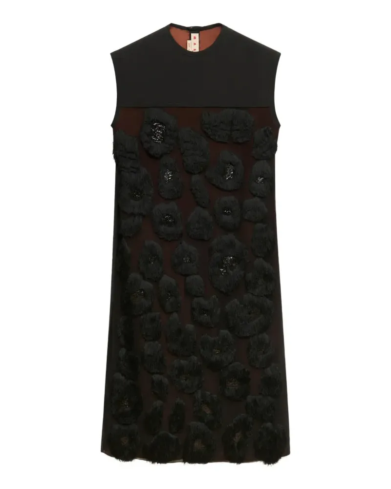 Marni Schwarzes Georgette-Kleid mit Shaggy-Camouflage-Motiv Schwarz