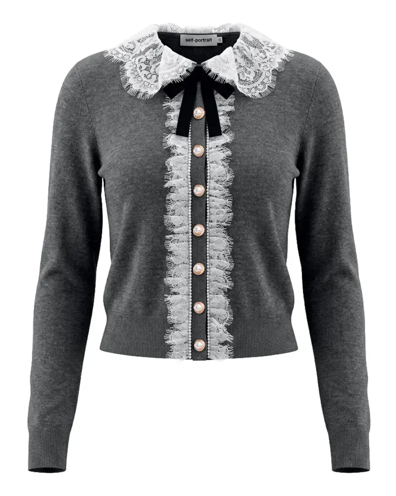Self-Portrait Schleifen-Cardigan mit Spitzenkragen - Grau Grau