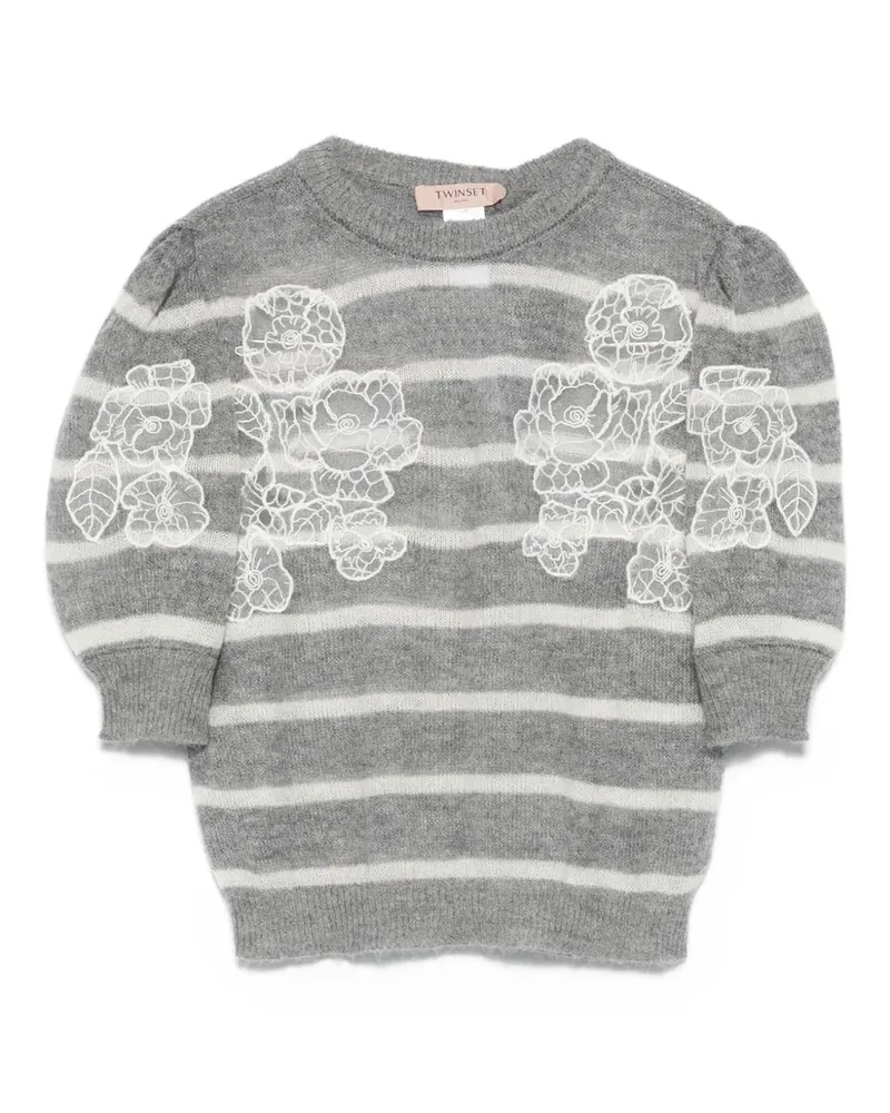 Twin-Set Gestreifter Pullover mit Blumenstickerei - Grau Grau