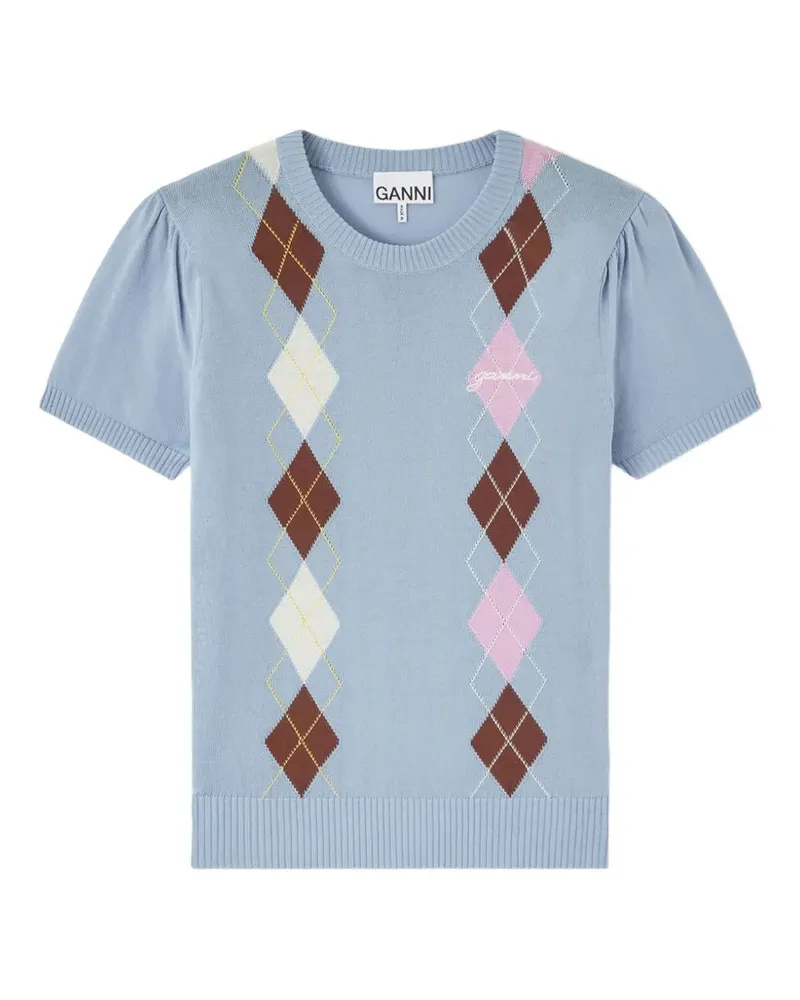 Ganni Puffärmel-T-Shirt mit Argylemuster - Blau Blau