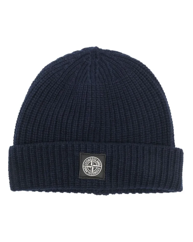 Stone Island Gerippte Beanie mit Logo-Patch - Blau Blau