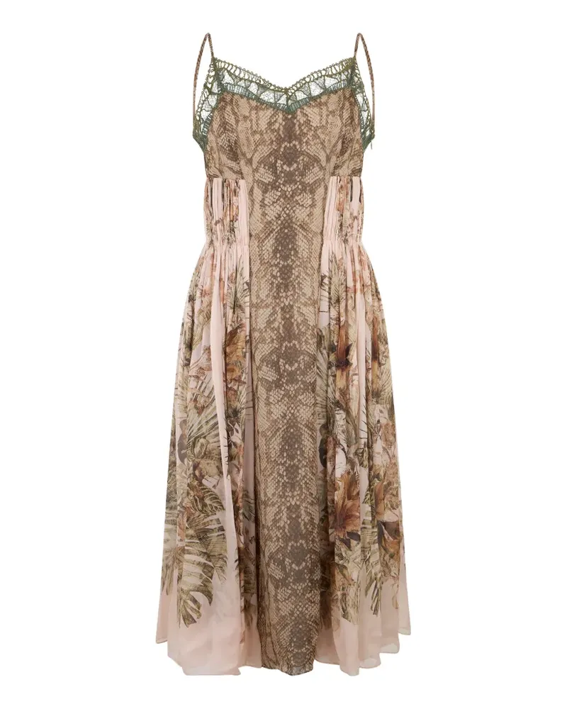 Alberta Ferretti lace-trim snake-print midi dress - Nude Nude