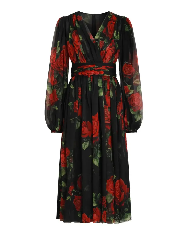 Dolce & Gabbana Chiffon-Midikleid mit Rosen-Print - Schwarz Schwarz