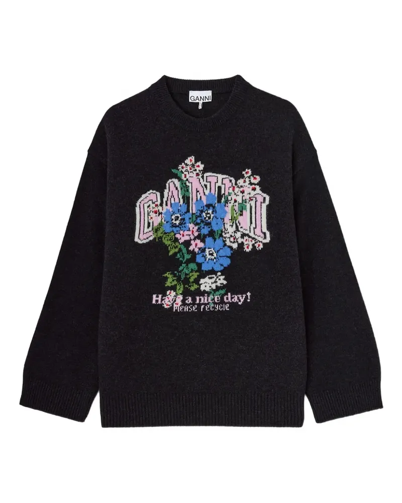 Ganni Oversized-Pullover mit Blumenintarsie - Schwarz Schwarz