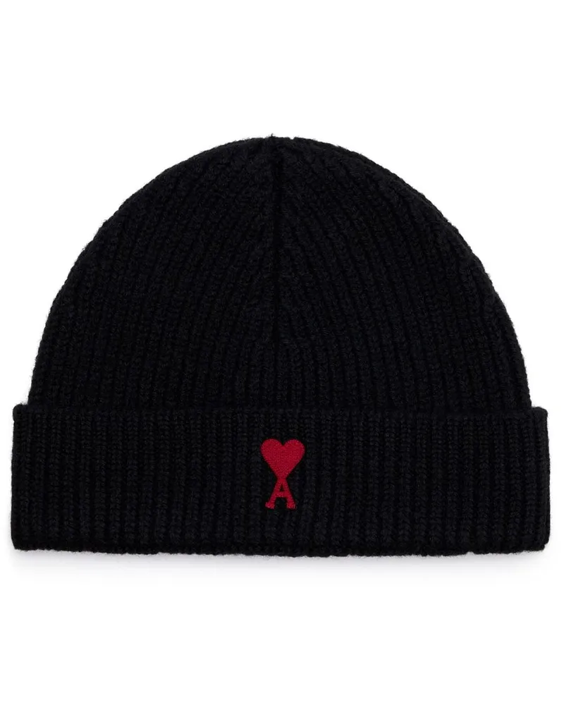 AMI Paris Gerippte Beanie mit Logo-Stickerei - Schwarz Schwarz