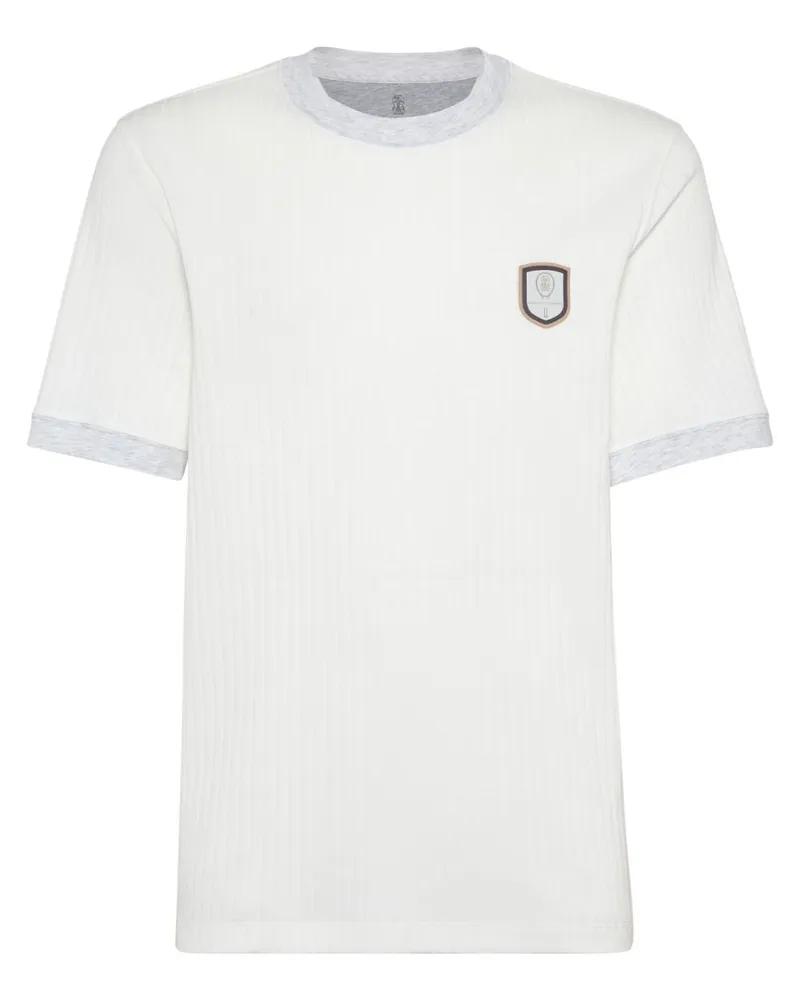 Brunello Cucinelli Geripptes T-Shirt mit Applikation - Weiß Weiß