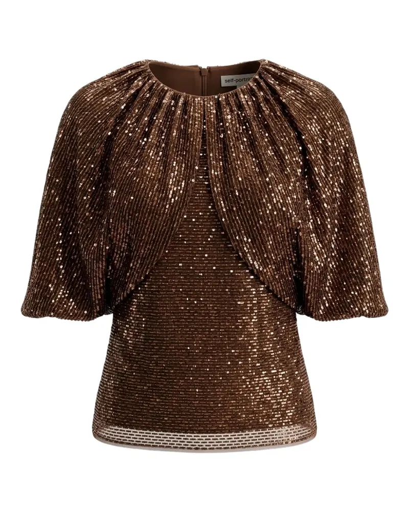 Self-Portrait sequin-embellished cape-sleeve top - Braun Braun