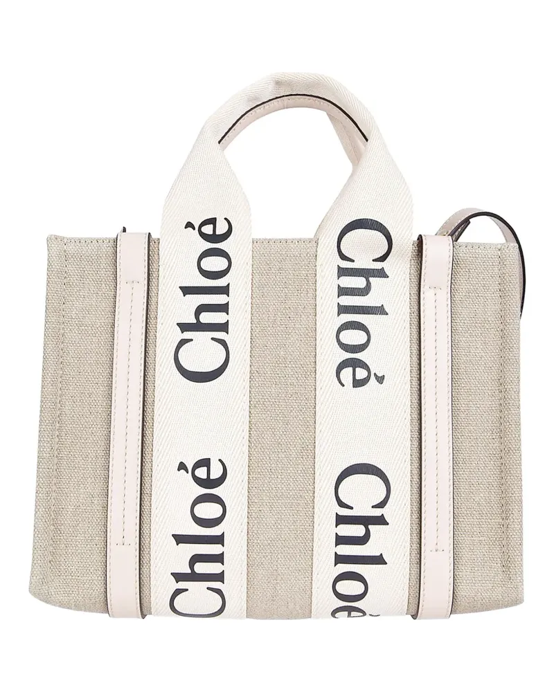 Chloé small Woody logo-tape tote bag - Nude Nude
