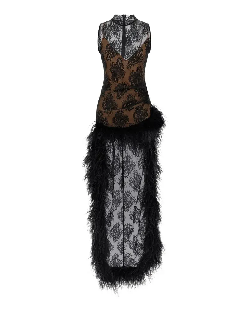 Giuseppe di Morabito Midikleid mit Spitzen-Overlay und Federbesatz - Schwarz Schwarz