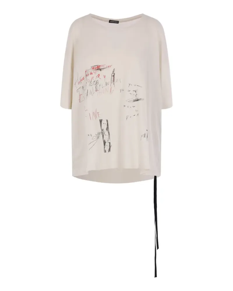 Ann Demeulemeester Everything is Fine Sketch graphic-print ribbon-trim T-shirt - Nude Nude
