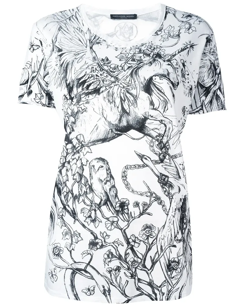 Alexander McQueen T-Shirt mit Einhorn-Print - Weiß Weiß