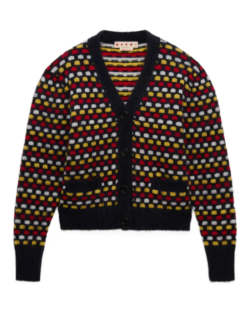 Marni Shetland-Wollcardigan aus rotem und blauem Jacquard Blau