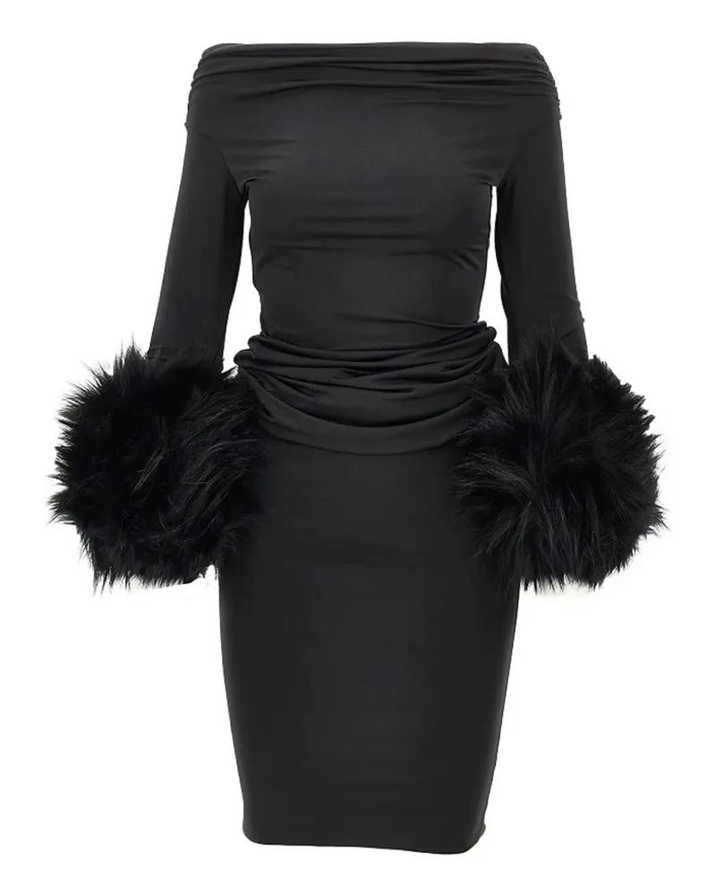 ANDAMANE Schulterfreies Maxikleid mit Besatz aus Faux Fur - Schwarz Schwarz