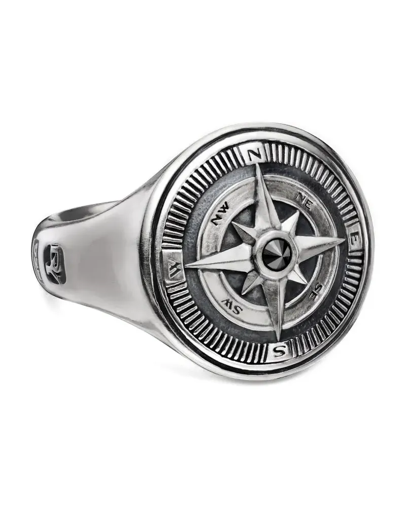 David Yurman Maritime Compass Sterlingsilber-Siegelring mit schwarzen Diamanten Silber
