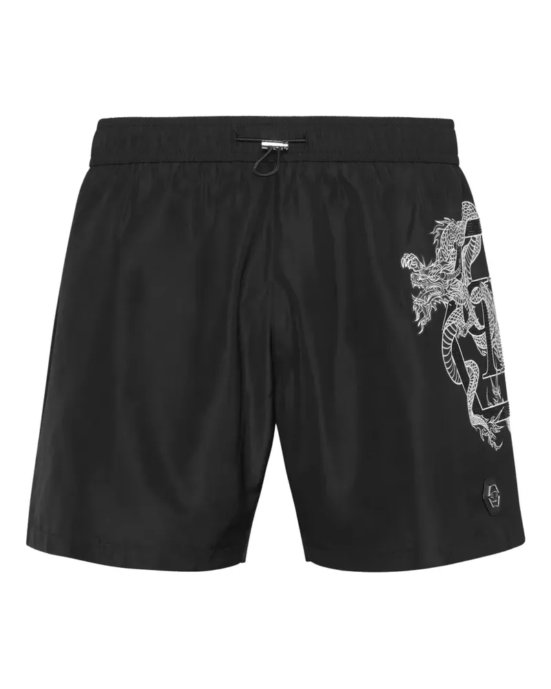Philipp Plein Badeshorts mit Drachen-Print - Schwarz Schwarz