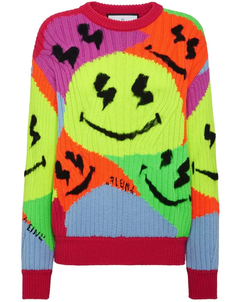 Philipp Plein Gerippter Strickpullover mit Smiley-Intarsie - Grün Grün