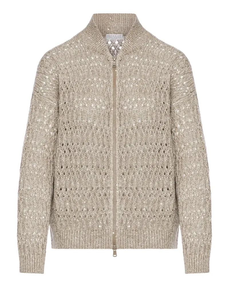 Brunello Cucinelli Dazzling Braids zip-up linen cardigan - Nude Nude