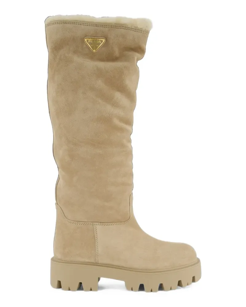 Prada logo-plaque suede boots - Nude Nude