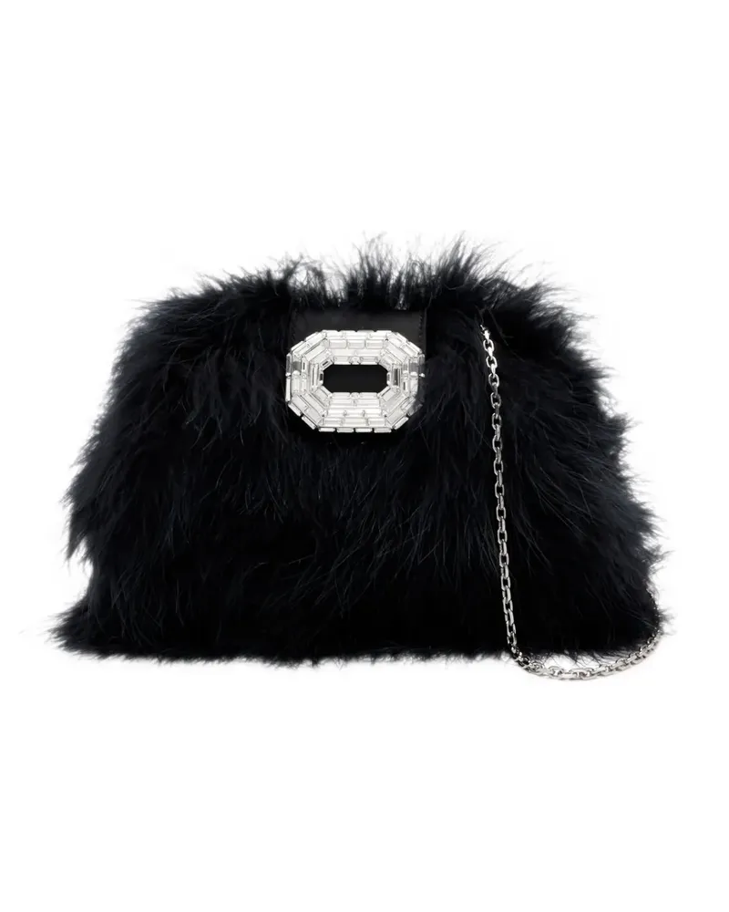 Amina Muaddi Camelia feather clutch black feather silver hardware - Schwarz Schwarz