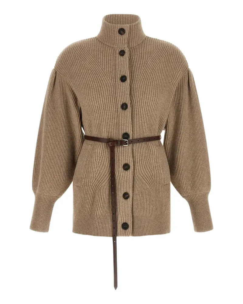 Brunello Cucinelli belted ribbed-knit wool cardigan - Nude Nude